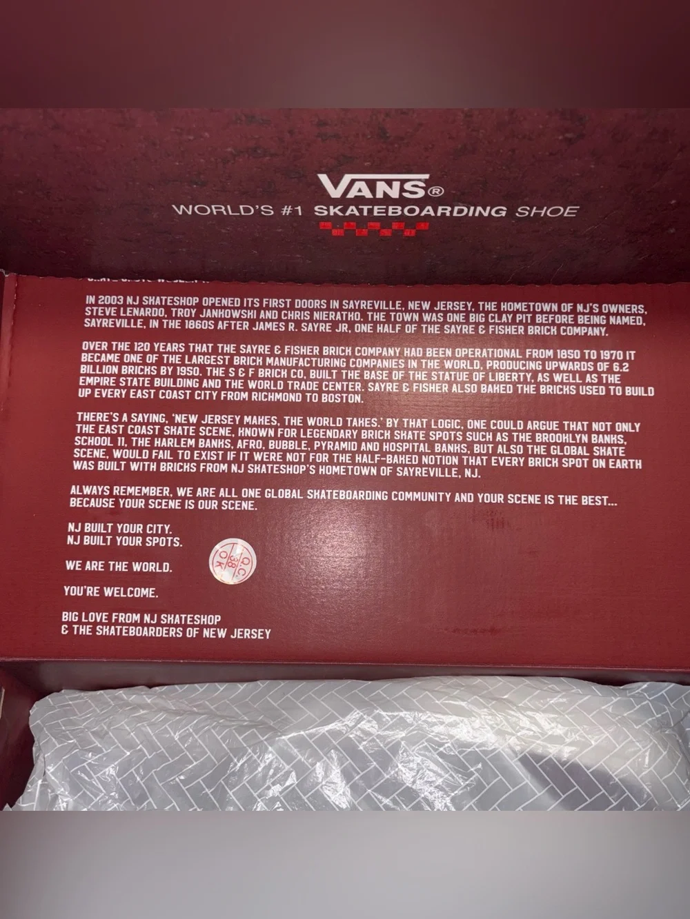 Vans x NJ Skateshop Sayre and Fisher Brick Co. Slip-Ons SIZE 10 New Jersey